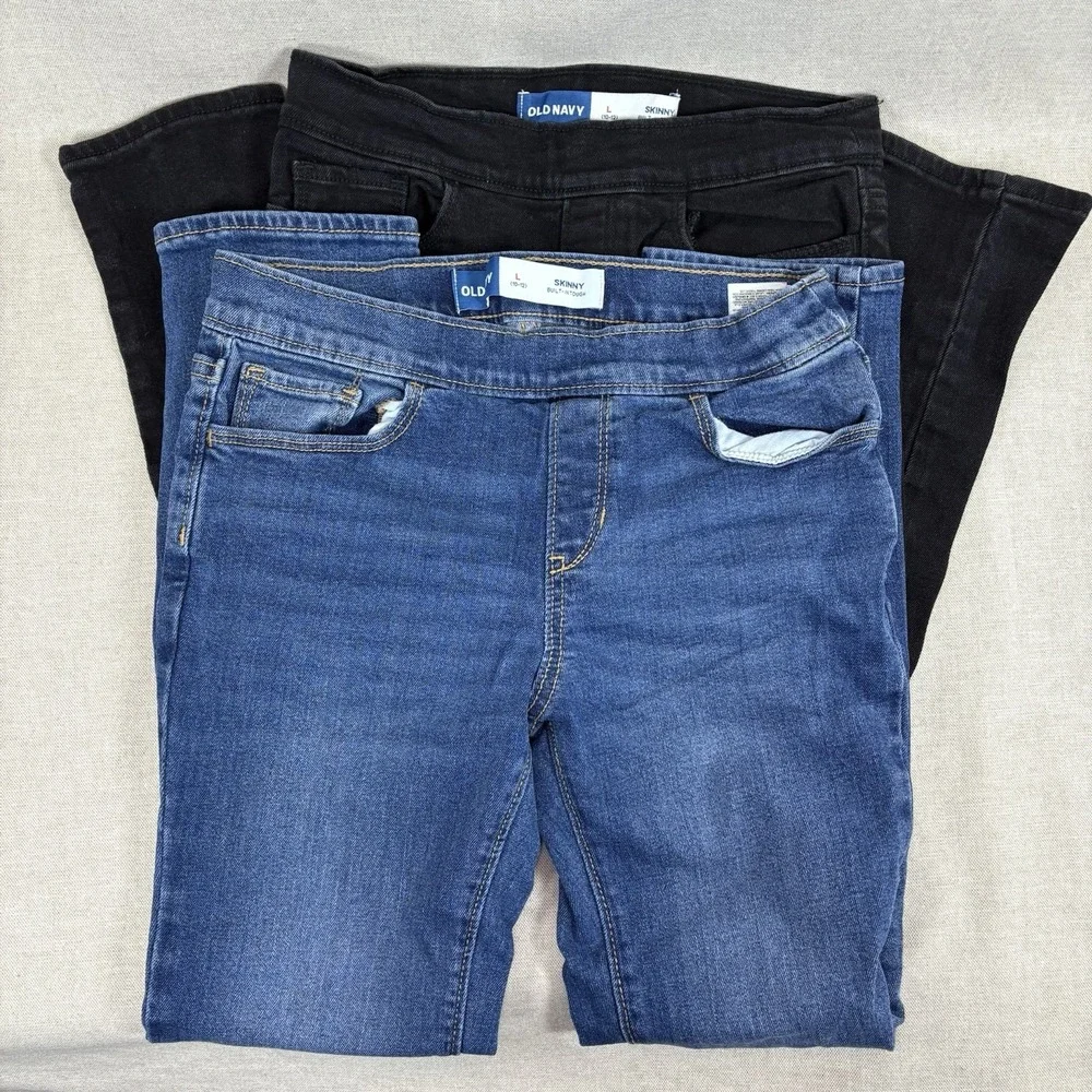 GIRLS JEANS Size 10/12‎ Old Navy Pull On Medium Blue /Black Skinny Lot Of 2